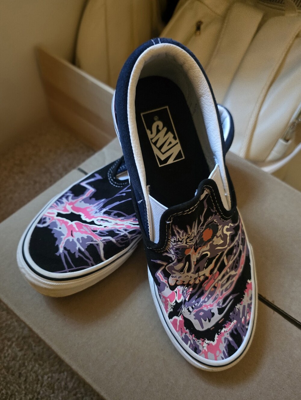 Vans Slip-On Sneakers with Neon Multicolor Skull Lightning Print (W-8/M-6.5)